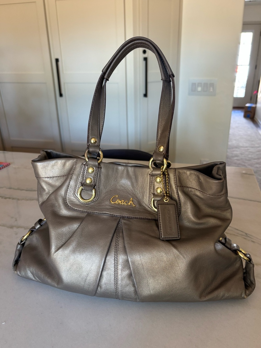 Coach Metallic Leather Ashley carryall slouchy shoulder bag pewter/bronze Y2K